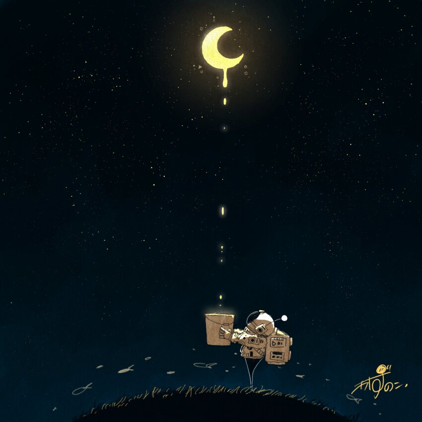 1other absurdres artist_name astronaut backpack bag bucket commentary crescent_moon fish flying_fish from_side gloves glowing_liquid grass helmet highres holding holding_bucket kazunoko_(kazunoko_zunoco) liquid looking_up melting moon night night_sky original outdoors overflowing radio_antenna signature sky solo space_helmet spacesuit star_(sky) starry_sky white_gloves