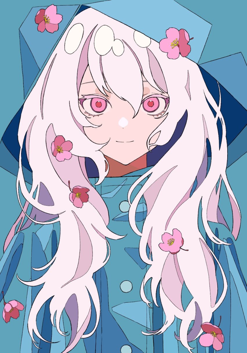 1girl blue_background blue_raincoat cherry_blossoms closed_mouth colored_eyelashes eyelashes flower hair_between_eyes highres hood hood_up long_hair original pink_eyes pink_flower pink_hair raincoat smile solo tsukii_(t_s_u_k_i_i) upper_body