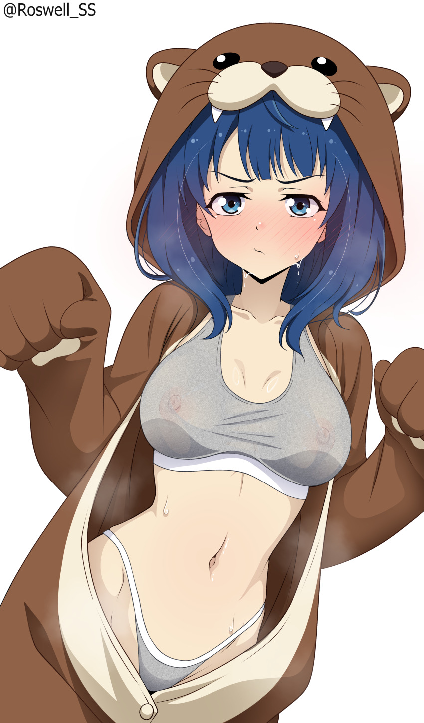 1girl :/ absurdres animegao blue_eyes blue_hair blush commentary cosplay covered_erect_nipples grey_panties highleg highleg_panties highres hot kigurumi looking_at_viewer make_heroine_ga_oo_sugiru! mascot_costume medium_hair navel otter_costume paid_reward_available panties paw_pose roswell_ss solo sports_bra sweat underwear white_background yanami_anna