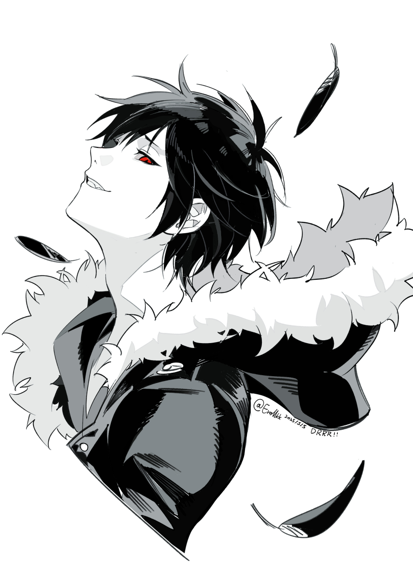 1boy absurdres adam&#039;s_apple cropped_torso durarara!! eromkk falling_feathers feathers fur-trimmed_hood fur_trim greyscale hair_behind_ear head_back highres hood hood_down hooded_jacket jacket looking_to_the_side male_focus monochrome orihara_izaya parted_bangs profile red_eyes sideways_glance simple_background smile solo spot_color teeth white_background