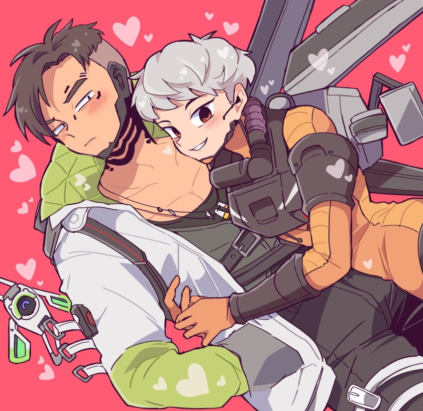 1boy 1girl animification apex_legends armor black_pants black_shirt blush bodysuit breastplate brown_eyes brown_hair crypto_(apex_legends) earpiece green_eyes green_vest grey_hair hack_(apex_legends) hair_behind_ear hetero highres jacket jetpack jewelry looking_at_viewer necklace nojima_minami non-humanoid_robot orange_bodysuit pants parted_lips pectoral_cleavage pectorals pink_background robot sanpaku shirt smile valkyrie_(apex_legends) vest white_jacket