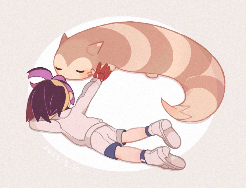 1boy blue_socks commentary_request furret gen_2_pokemon gloves hairband highres jacket kieran_(pokemon) long_sleeves looking_to_the_side lying male_focus nintendo on_stomach outstretched_arm partially_fingerless_gloves petting pokemon pokemon_(creature) pokemon_sv red_gloves shoes shorts socks tanba_(tanba-art) white_shoes white_shorts yellow_hairband