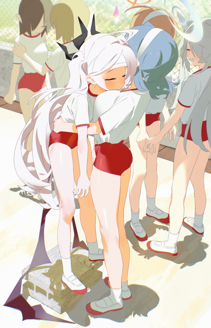 6+girls absurdres ahoge ako_(blue_archive) ass blue_archive blue_hair bm_tol breasts buruma cinder_block closed_mouth demon_girl demon_horns demon_wings gym_shirt gym_uniform hairband halo highres hina_(blue_archive) horns large_breasts leaning_on_person long_hair multiple_girls red_buruma shirt very_long_hair white_hair wings
