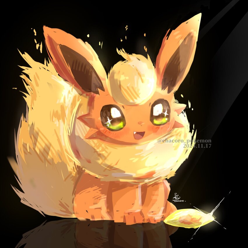 black_background blush chacoro_pokemon dated evolution_stone evolutionary_stone fang fire_stone flareon game_freak gen_1_pokemon green_eyes highres nintendo no_humans pokemon pokemon_(creature) reflection sitting smile twitter_username