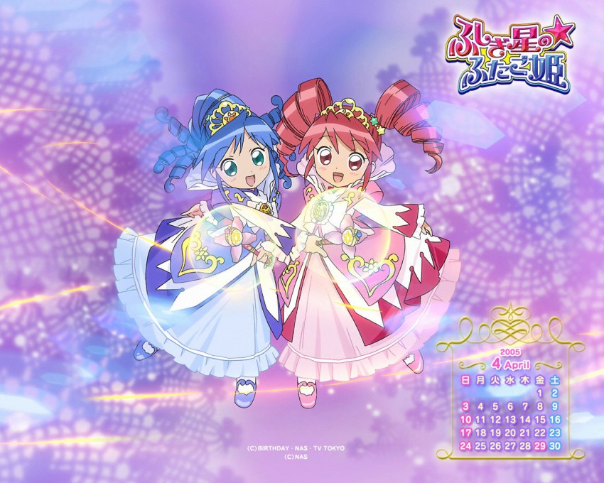 00s 2005 2girls april blue_hair calendar dress drill_hair fine_(futagohime) fine_(prominence_dress_up)_(futagohime) fushigiboshi_no_futago_hime looking_at_viewer magical_girl mary_janes multiple_girls pink_hair rein_(futagohime) rein_(prominence_dress_up)_(futagohime) shoes smile standing standing_on_one_leg symmetry tiara wand