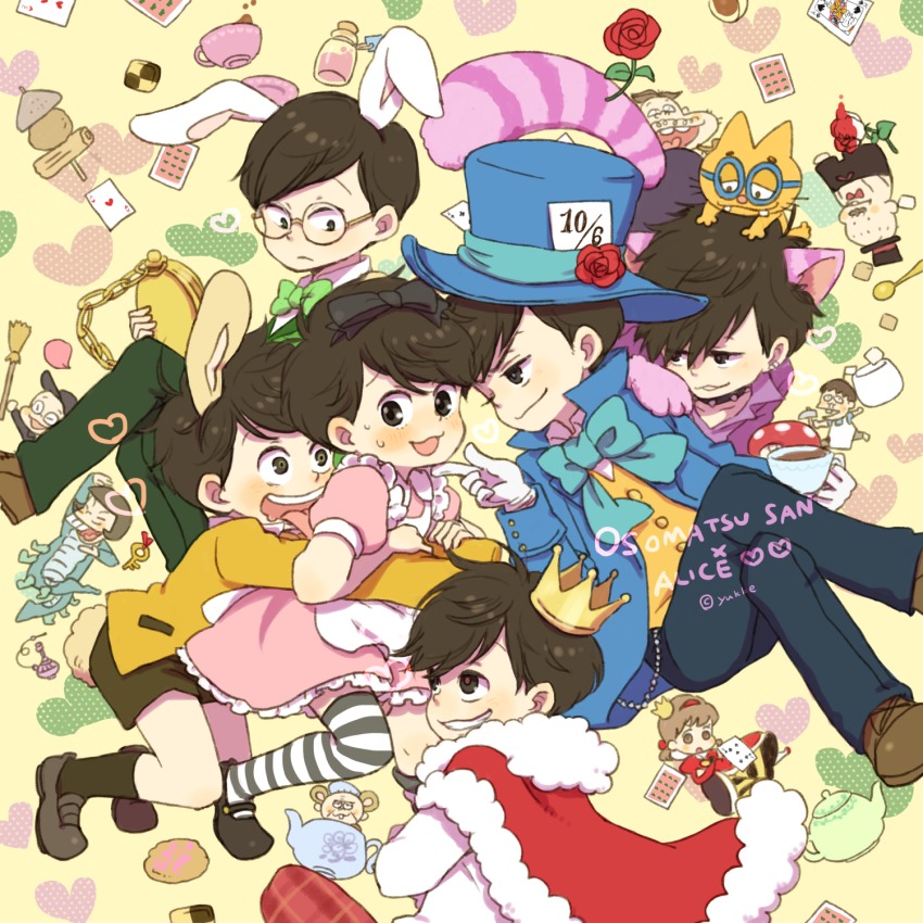 10s 1girl 6+boys :3 :d :o ^_^ ace_(playing_card) ace_of_hearts alice_(alice_in_wonderland) alice_(alice_in_wonderland)_(cosplay) alice_in_wonderland alternate_costume animal animal_costume animal_ears animal_hands animal_on_head apron armor baseball_cap black_bow black_eyes black_footwear black_hat black_shorts black_socks blue_hat blue_jacket blue_pants blush bottle bow bowl bowl_cut bowtie broom brothers brown_eyes brown_footwear brown_hair brown_shorts buck_teeth cape card cat cat_on_head cat_tail caterpillar_(alice_in_wonderland) caterpillar_(wonderland) caterpillar_(wonderland)_(cosplay) cheshire_cat_(alice_in_wonderland) cheshire_cat_(cosplay) chibita closed_eyes closed_mouth clubs collar cookie copyright_name cosplay crossdressing crossed_legs crown cup dayoon dekapan diamond_(shape) dormouse_(cosplay) dormouse_(wonderland) dress drooling ear_piercing esper_nyanko falling flag flower food frilled_dress frills frown fur_trim glasses gloves green_bow green_bowtie green_pants green_vest grin hair_bow hairband hammer hand_on_another&#039;s_arm hand_on_another&#039;s_chin hand_on_another&#039;s_shoulder hat hat_ribbon hatabou head_flag heart highres hijirisawa_shonosuke holding holding_another&#039;s_arm holding_cup holding_weapon hookah hug hug_from_behind humpty_dumpty incest iyami jacket kemonomimi_mode key king_(playing_card) king_of_hearts king_of_hearts_(cosplay) king_of_spades kneehighs leaning_forward leaning_on_person leaning_to_the_side long_sleeves looking_at_another looking_to_the_side looking_up low_twintails mad_hatter_(alice_in_wonderland) mad_hatter_(alice_in_wonderland)_(cosplay) march_hare_(cosplay) march_hare_(wonderland) matsuno_choromatsu matsuno_ichimatsu matsuno_jyushimatsu matsuno_karamatsu matsuno_osomatsu matsuno_todomatsu mouse_ears multiple_boys object_on_head oden on_head open_mouth osomatsu-kun osomatsu-san osomatsu_(series) outstretched_arms pants paw_gloves piercing pink_dress plaid_clothes plaid_pants plate playing_card pocket_watch poison_mushroom puffy_short_sleeves puffy_sleeves queen_of_hearts_(alice_in_wonderland) queen_of_hearts_(cosplay) rabbit_ears rabbit_tail red_bow red_bowtie red_cape red_flower red_footwear red_rose ribbon rimless_eyewear rose round_eyewear royal_robe saucer sextuplets sheeeh! shirt shoes short_sleeves short_twintails shorts siblings sleeves_past_wrists smile socks spade spiked_collar spikes spoon striped_clothes striped_socks striped_thighhighs sugar_cube sweatdrop swept_bangs tail teacup teapot teeth thighhighs tongue tongue_out top_hat topless_male twintails twitter_username upside-down vest watch weapon white_armor white_flag white_flower white_rabbit_(alice_in_wonderland) white_rabbit_(cosplay) white_rose white_shirt yaoi yellow_background yellow_jacket yowai_totoko yukke