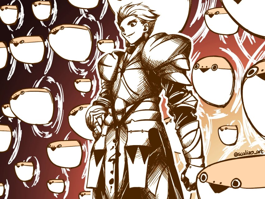 1boy animal_focus arm_at_side armor closed_mouth commentary cowboy_shot fate/zero fate_(series) fish gate_of_babylon_(fate) gauntlets gilgamesh_(fate) hand_on_own_hip highres male_focus monochrome orange_theme outline portal_(object) sacabambaspis scalizo smile solo standing triangle_mouth twitter_username white_outline