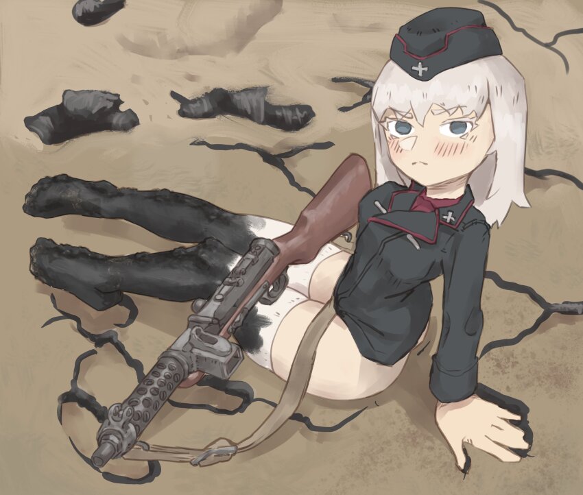 1girl girls_und_panzer gun gun_sling highres itsumi_erika kuromorimine_military_uniform long_hair looking_at_viewer military_uniform mp18 mr_banzai sitting solo submachine_gun thighhighs weapon white_hair white_thighhighs
