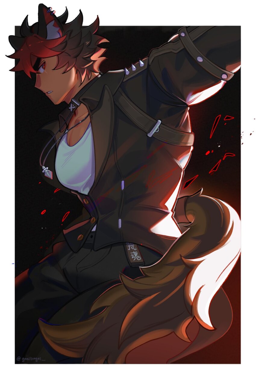 1boy animal_ears bara black_jacket black_pants commentary earrings english_commentary from_side gael_(gaelbagel) highres jacket jewelry komano_manato leather leather_jacket looking_back male_focus multicolored_hair necklace pants pectorals profile scar scar_across_eye scar_on_face shirt tail twitter_username white_shirt wolf_boy wolf_ears wolf_tail zenless_zone_zero