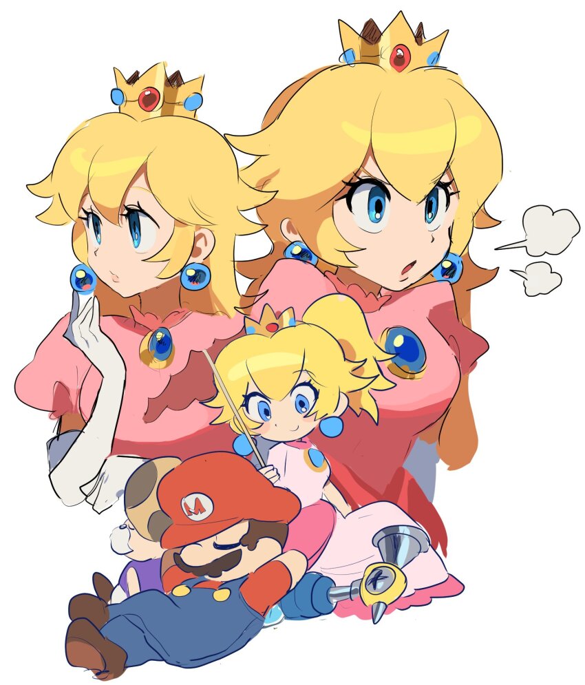 1boy 1girl blonde_hair blue_eyes breasts brooch brown_hair crown dress earrings f.l.u.d.d. facial_hair gloves grin hat highres jewelry looking_at_another mario mario_(series) mustache nintendo nt_26 overalls pink_dress princess_peach sleeping smile super_mario_sunshine toadsworth umbrella