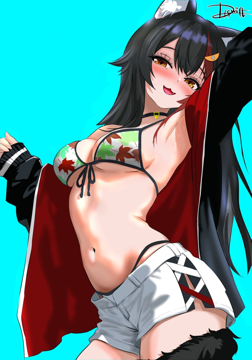 1girl absurdres animal_ear_fluff animal_ears bare_shoulders bikini bikini_bottom_under_shorts bikini_under_clothes black_hair blue_background brown_eyes cowboy_shot dfswift front-tie_bikini_top front-tie_top highres hololive jacket leaf_print long_hair ookami_mio open_clothes open_jacket print_bikini red_hair shorts simple_background solo swimsuit virtual_youtuber white_shorts wolf_ears wolf_girl