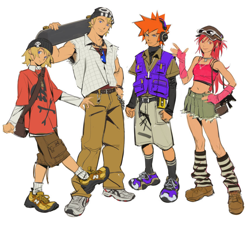 2boys 2girls bito_daisukenojo bito_raimu closed_mouth crop_top full_body headphones kneehighs long_sleeves looking_at_viewer miniskirt misaki_shiki mr_kasuy multiple_boys multiple_girls sakuraba_neku shirt simple_background skateboard skirt smile socks subarashiki_kono_sekai torn_clothes torn_shirt white_background