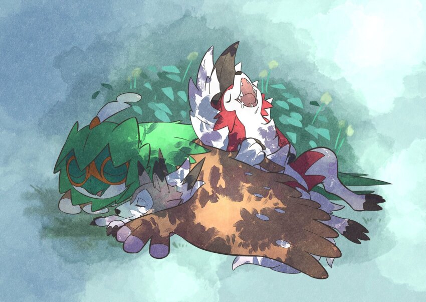 closed_eyes closed_mouth commentary_request decidueye drooling gen_7_pokemon highres lycanroc lycanroc_(midday) lycanroc_(midnight) nintendo no_humans open_mouth pkpokopoko3 pokemon pokemon_(creature) saliva sharp_teeth sleeping teeth