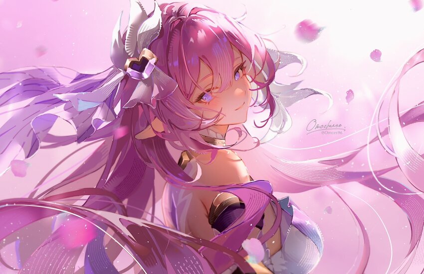 1girl bare_shoulders breasts closed_mouth dress elf elysia_(herrscher_of_human:_ego)_(honkai_impact) elysia_(honkai_impact) falling_petals floating_hair hair_between_eyes highres honkai_(series) honkai_impact_3rd long_hair omces96 petals pink_hair pointy_ears purple_eyes signature smile solo symbol-shaped_pupils upper_body very_long_hair white_dress
