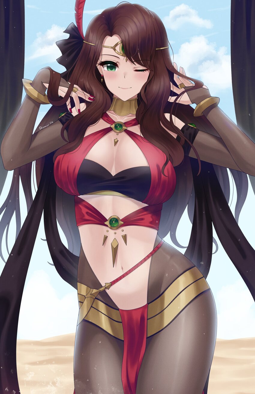 1girl arms_up breasts bridal_gauntlets brown_hair circlet cloud cloudy_sky cowboy_shot desert doiparuni dorothea_arnault dorothea_arnault_(plegian) fire_emblem fire_emblem:_three_houses fire_emblem_heroes green_eyes halterneck highres jewelry large_breasts long_hair looking_at_viewer nail_polish navel neck_ring nintendo one_eye_closed pantyhose pelvic_curtain sky solo
