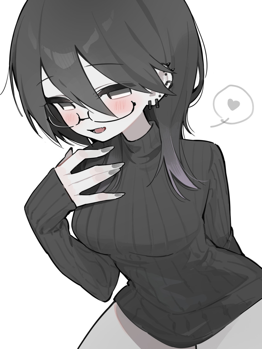 1girl absurdres arm_behind_back black-framed_eyewear black_hair black_sweater blush breasts cowboy_shot double-parted_bangs dress ear_piercing earrings fang glasses grey_eyes grey_nails hair_between_eyes hand_up heart highres jewelry long_hair long_sleeves looking_at_viewer medium_breasts myomuron open_mouth original piercing ribbed_dress ribbed_sweater semi-rimless_eyewear simple_background skin_fang sleeves_past_wrists smile solo spoken_heart sweater sweater_dress thighs turtleneck turtleneck_dress turtleneck_sweater white_background