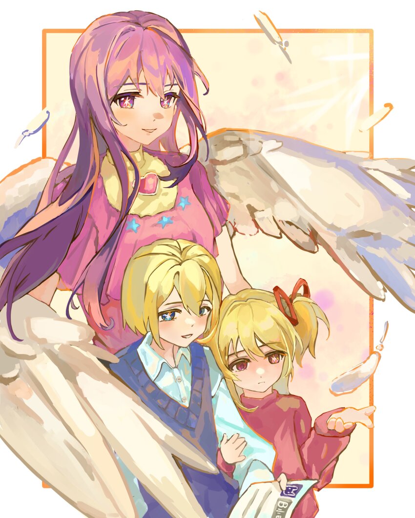 1boy 2girls absurdres angel_wings blonde_hair border caitrin_(rinko) child closed_mouth commentary_request dot_nose falling_feathers feathers hair_between_eyes highres hoshino_ai hoshino_aquamarine hoshino_ruby long_hair mother_and_daughter mother_and_son multiple_girls oshi_no_ko outside_border purple_eyes purple_hair red_eyes short_hair side_ponytail smile standing white_border wings