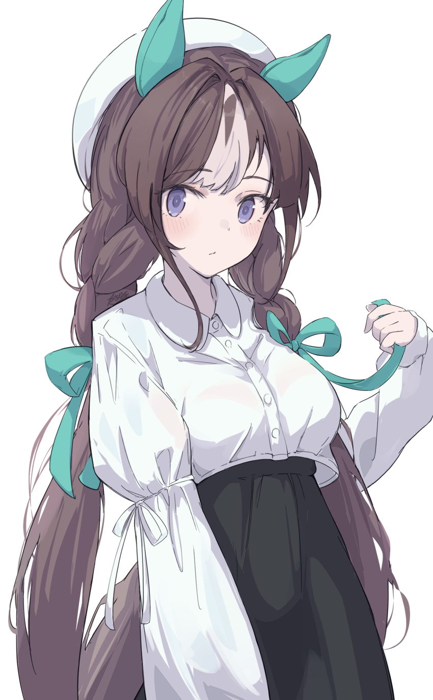 1girl absurdres animal_ears beret black_skirt blush braid brown_hair collared_shirt commentary ear_covers green_ribbon hair_ribbon hat highres hokko_tarumae_(umamusume) horse_ears horse_girl long_braid long_hair looking_at_viewer nazmocha official_alternate_costume purple_eyes ribbon shirt simple_background skirt solo striped_hair twin_braids umamusume upper_body white_background white_hair white_hat white_shirt