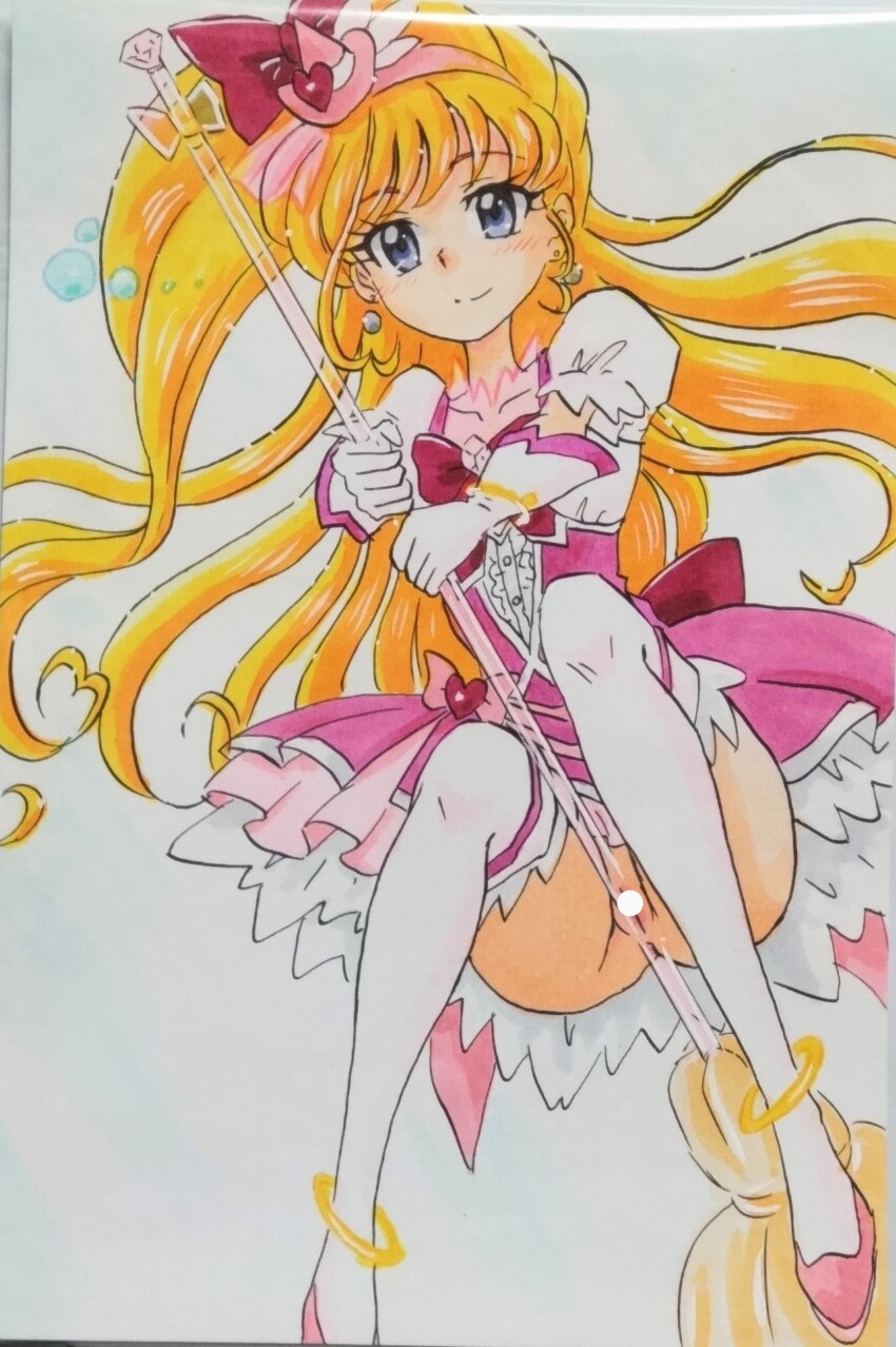 1girl absurdres anklet anus asahina_mirai ashigaki_radar blonde_hair blue_eyes blush bow broom broom_riding bubble censored collarbone cure_miracle dress earrings gloves hair_bow hairband hat heart highres jewelry long_hair looking_at_viewer magical_girl mahou_girls_precure! mini_hat mini_witch_hat no_panties pink_bow pink_dress pink_hat pink_shoes ponytail precure puffy_sleeves pussy shoes short_sleeves side_ponytail sitting smile thighhighs waist_bow white_background white_gloves white_thighhighs witch witch_hat