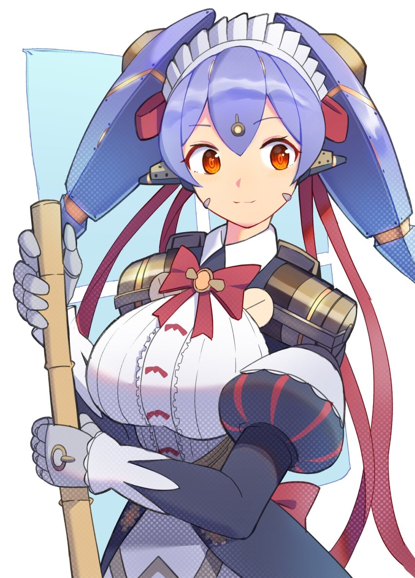 1girl absurdres android apron breasts highres joints large_breasts maid maid_apron maid_headdress mechabare medaman poppi_(xenoblade) poppi_qt_(xenoblade) purple_hair red_eyes robot_ears robot_joints simple_background solo white_apron white_background xenoblade_chronicles_(series) xenoblade_chronicles_2