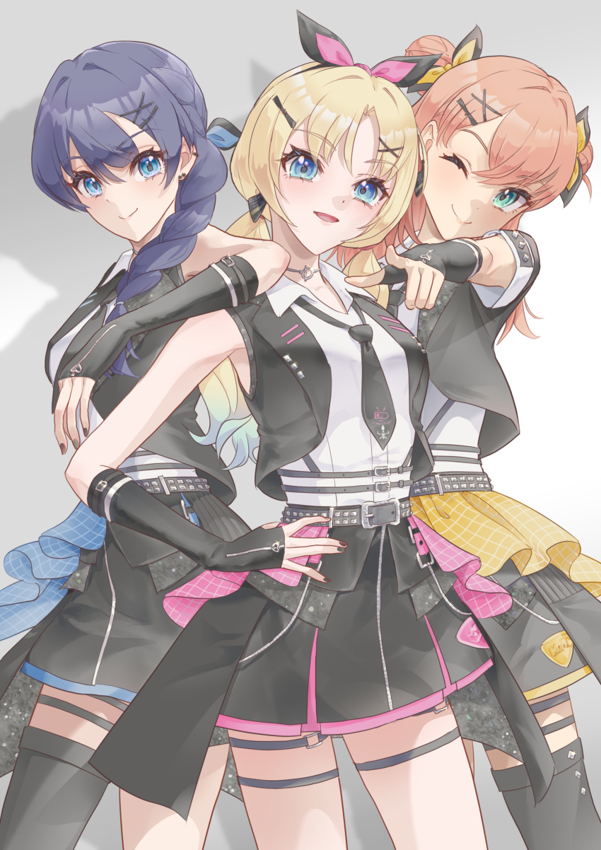 3girls :d ;) absurdres black_necktie black_skirt blue_eyes blue_hair braid closed_mouth commentary_request cowboy_shot double_bun elbow_on_another&#039;s_shoulder green_eyes grey_background hair_bun hair_ornament hair_over_shoulder hairclip hand_on_own_hip hasu_no_sanrenka highres hinoshita_kaho i_do_me!_(love_live!) jacket kobassy link!_like!_love_live! long_hair looking_at_viewer love_live! low_twintails medium_hair miniskirt multiple_girls murano_sayaka necktie official_alternate_costume one_eye_closed open_clothes open_jacket open_mouth osawa_rurino pleated_skirt pointing pointing_at_viewer shadow shirt single_braid skirt sleeveless sleeveless_jacket sleeveless_shirt smile thigh_strap twintails virtual_youtuber white_shirt x_hair_ornament