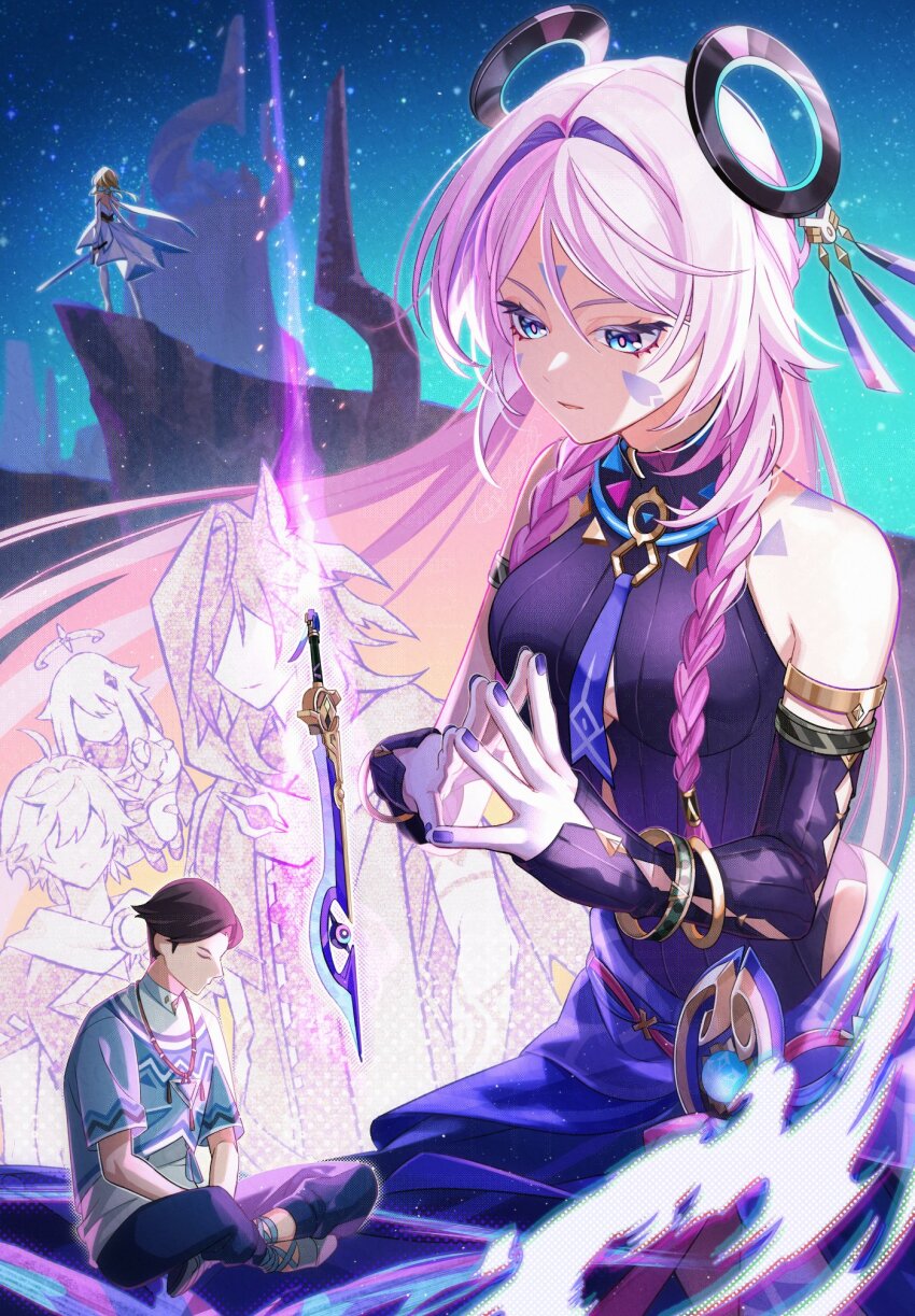 3girls aether_(genshin_impact) ahoge animal_ears armlet bare_shoulders bat_ears blonde_hair blue_eyes blue_pants blue_shirt bracelet braid breasts brother_and_sister brown_hair citlali_(genshin_impact) cliff closed_eyes closed_mouth commentary_request con_potata detached_sleeves dress faceless faceless_female faceless_male facial_mark floating_headgear forehead_mark genshin_impact glove_cutout grandmother_and_grandson hair_intakes hair_over_shoulder halo highres holding holding_sword holding_weapon hood indian_style jewelry lumine_(genshin_impact) medium_breasts multiple_girls nail_polish necklace ororon_(genshin_impact) outdoors own_fingers_together paimon_(genshin_impact) pants pink_hair pink_pupils purple_nails purple_sarong ring_hair_ornament romper sarong scarf shirt short_hair short_hair_with_long_locks siblings sitting sky leotard sleeveless_turtleneck_leotard standing star_(sky) starry_sky sword triangle triangle_facial_mark twin_braids weapon white_dress white_romper white_scarf