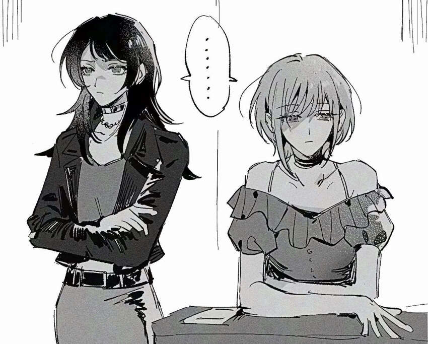 ... 2girls arms_on_table averting_eyes bang_dream! bang_dream!_it&#039;s_mygo!!!!! breasts choker closed_mouth collarbone cowboy_shot cropped_jacket frilled_shirt frills greyscale jacket long_hair long_sleeves maybecrosswise medium_breasts monochrome multiple_girls off-shoulder_shirt off_shoulder open_clothes open_jacket puffy_short_sleeves puffy_sleeves shared_speech_bubble shirt short_sleeves sidelocks simple_background speech_bubble spoken_ellipsis white_background yahata_umiri yuutenji_nyamu