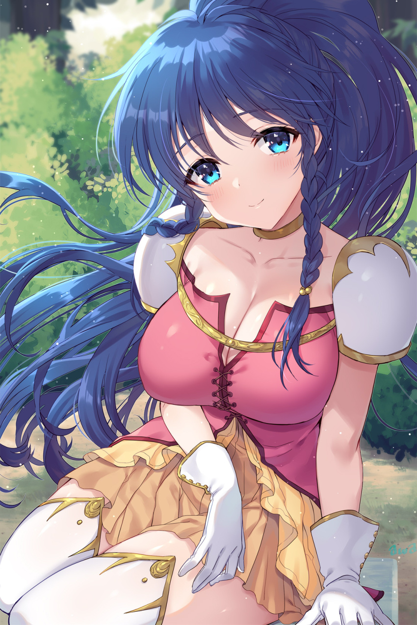 1girl aqua_eyes awayuki_ramika blue_hair braid breasts bush choker cleavage closed_mouth collarbone commentary_request day fire_emblem fire_emblem:_the_sacred_stones gloves grass highres leaf long_hair looking_at_viewer medium_breasts nintendo outdoors red_shirt shirt shoulder_guard sitting skirt smile solo tana_(fire_emblem) thighhighs twin_braids very_long_hair white_gloves white_thighhighs yellow_skirt