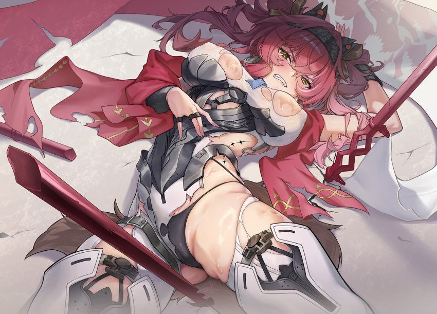 1girl arm_up armor birkai black_panties blush boots breastplate breasts breasts_apart broken broken_weapon clenched_teeth commentary earrings hairband headgear jewelry large_breasts long_hair looking_at_viewer lupa_(wuthering_waves) lying metal_hairband multiple_rings on_back panties pink_hair polearm ring solo tacet_mark_(wuthering_waves) teeth thigh_boots thighs torn_clothes underwear weapon white_boots wrist_guards wuthering_waves