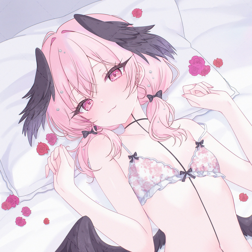1girl :3 absurdres arms_at_sides bare_arms bare_shoulders bed_sheet bedroom black_bow black_ribbon black_wings blue_archive blush bow bra choker closed_mouth collarbone commentary curled_fingers dot_nose double-parted_bangs eyelashes feathered_wings fingernails flat_chest floral_print floral_print_bra flower fluffy_hair frilled_bra frills from_above hair_between_eyes hair_bow hair_over_shoulder hair_ribbon hands_up head_on_pillow head_wings highres indoors koharu_(blue_archive) light_blush loli long_eyelashes looking_at_viewer low_twintails low_wings lying medium_hair nail_polish navel on_back on_bed petals pillow pink_eyes pink_hair pink_nails print_bra raised_eyebrows red_flower ribbon ribbon_around_body ribbon_choker smile solo split_mouth stomach strap_slip symbol-only_commentary twintails underwear underwear_only upper_body wings zxcsque