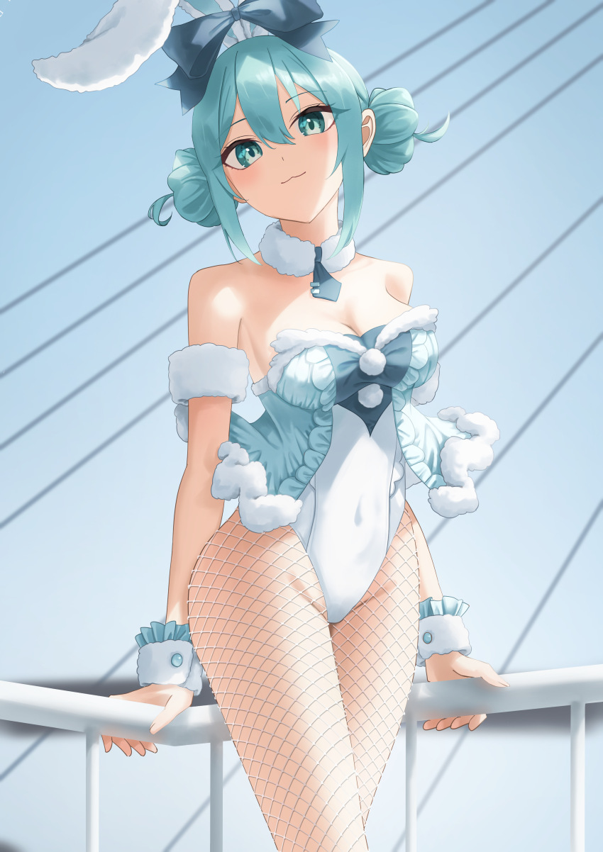 1girl :3 absurdres against_railing amaama_(beccyonaika1) animal_ears aqua_eyes aqua_hair aqua_vest bare_shoulders bicute_bunnies_miku bicute_bunnies_miku_(white_bunny) blush bow closed_mouth covered_navel double_bun eyelashes fishnet_pantyhose fishnets fur-trimmed_vest fur_trim hair_bow hair_bun hatsune_miku highleg highleg_leotard highres leotard pantyhose playboy_bunny pom_pom_(clothes) rabbit_ears railing smile solo standing vest vocaloid white_leotard wrist_cuffs