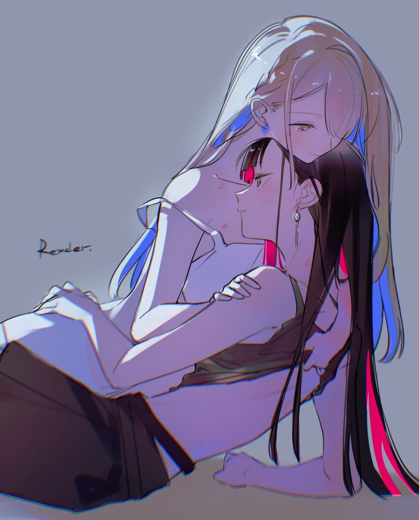 2girls absurdres artist_name azusawa_kohane black_camisole black_hair blonde_hair blue_hair camisole chromatic_aberration colored_inner_hair earrings grey_background hickey highres jewelry jingzhaowhale kamiyama_high_school_uniform_(project_sekai) long_hair miyamasuzaka_girls&#039;_academy_school_uniform multicolored_hair multiple_girls official_alternate_costume official_alternate_hair_length official_alternate_hairstyle parted_lips project_sekai red_hair school_uniform shiraishi_an simple_background whip_the_wimp_girl!!_(project_sekai) white_camisole yellow_eyes yuri