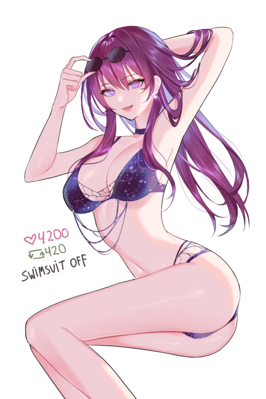 1girl arm_behind_head armpits ass bare_arms bare_legs bikini blue_bikini breasts cleavage earrings evangellium hair_between_eyes highres honkai:_star_rail honkai_(series) jewelry kafka_(honkai:_star_rail) large_breasts legs long_hair looking_at_viewer navel open_mouth round_eyewear sidelocks simple_background smile solo stomach swimsuit teeth twitter_strip_game white_background
