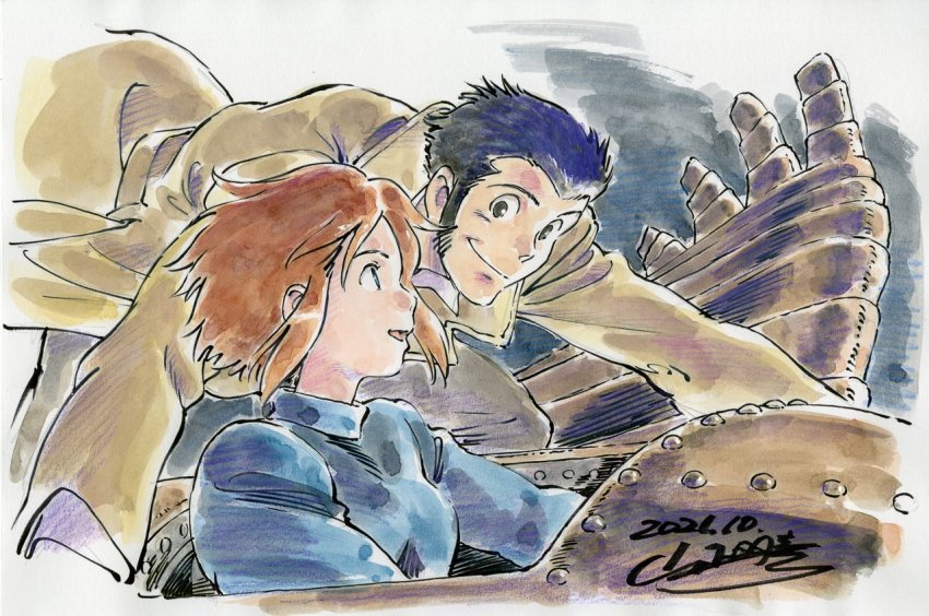 1boy 1girl aircraft arsene_lupin_iii black_hair brown_hair commentary_request crossover dated studio_ghibli glider green_jacket jacket kaze_no_tani_no_nausicaa lupin_iii mehve nausicaa short_hair sideburns sidelocks signature smile studio_ghibli yamashita_akihiko