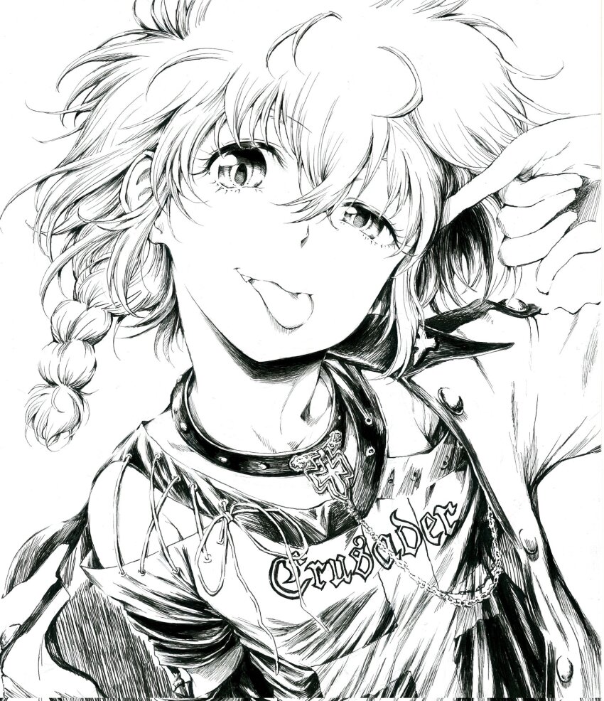 1girl :p braid chain collarbone commentary_request corrupted_twitter_file cranberry_(girls_und_panzer) cross dutch_angle english_text fang finger_to_head girls_und_panzer greyscale hair_between_eyes head_tilt highres iron_cross looking_at_viewer monochrome off_shoulder sawamin short_braid side_braid solo st._gloriana&#039;s_military_uniform studded_choker tongue tongue_out
