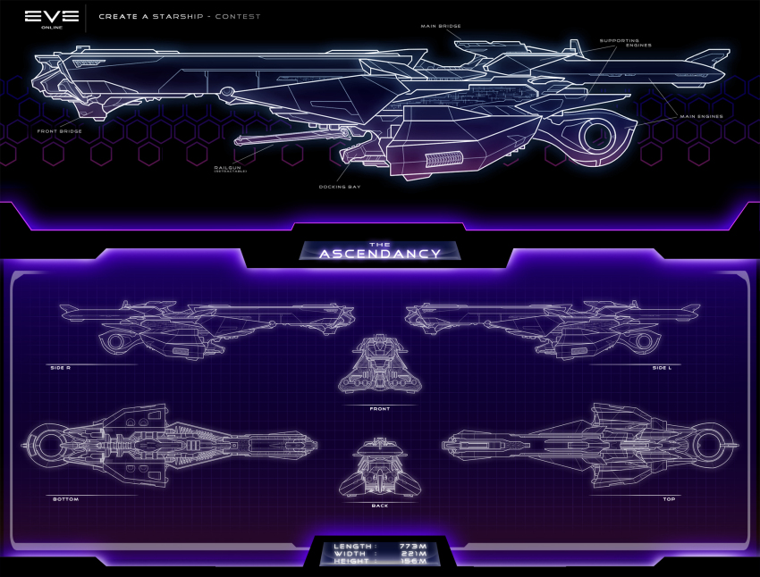 battlecruiser_(eve_online) blueprint_(medium) blueroguevyse cannon reference_sheet commentary concept_art copyright_name eve_online from_side hexagon highres honeycomb_(pattern) lineart logo military_vehicle multiple_views no_humans original purple_theme railgun science_fiction spacecraft thrusters vehicle_focus