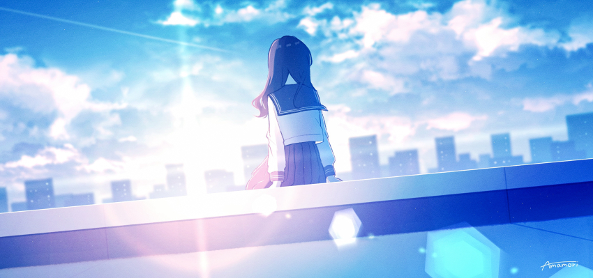 1girl amenomori_howa black_hair black_skirt blue_sky cloud cloudy_sky commentary_request day from_behind highres lens_flare long_hair long_sleeves on_rooftop original outdoors pleated_skirt rooftop scenery school_uniform serafuku shirt signature sitting skirt sky skyline solo sun white_shirt wide_shot