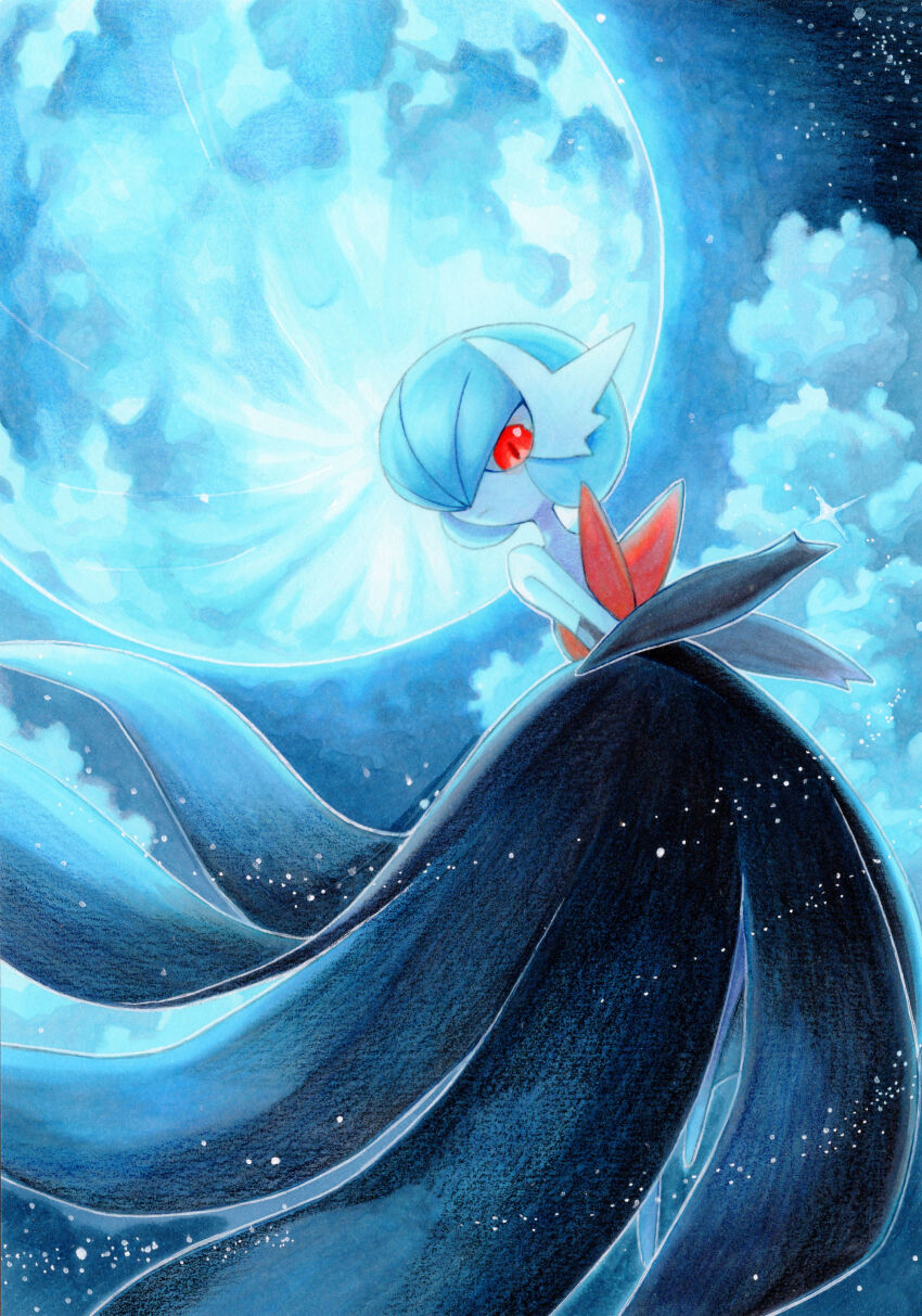 1girl absurdres alternate_color bare_shoulders black_dress black_gloves blue_hair blue_moon blue_sky blue_theme bob_cut closed_mouth cloud colored_skin dress elbow_gloves expressionless female_focus flat_chest full_body full_moon gardevoir gen_3_pokemon glint gloves hair_over_one_eye hand_up highres light_particles long_dress looking_at_viewer marker_(medium) mega_gardevoir mega_pokemon moon moonlight night nintendo one_eye_covered outdoors pokemon pokemon_(creature) red_eyes shiny_pokemon short_hair sky solo standing star_(sky) strapless strapless_dress traditional_media white_skin yuka_(yukaaaaaaa0705)