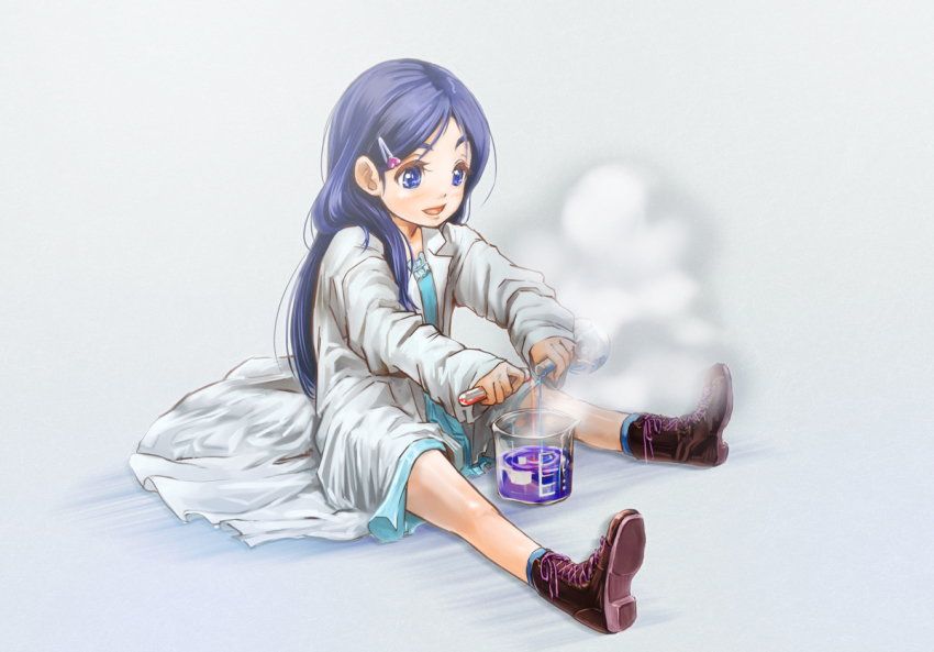 00s 1girl aged_down beaker blue_eyes blue_hair blush child female_focus futari_wa_precure goru_(cure_golgom) lab_coat long_hair matching_hair/eyes open_mouth precure sitting smile solo test_tube yukishiro_honoka