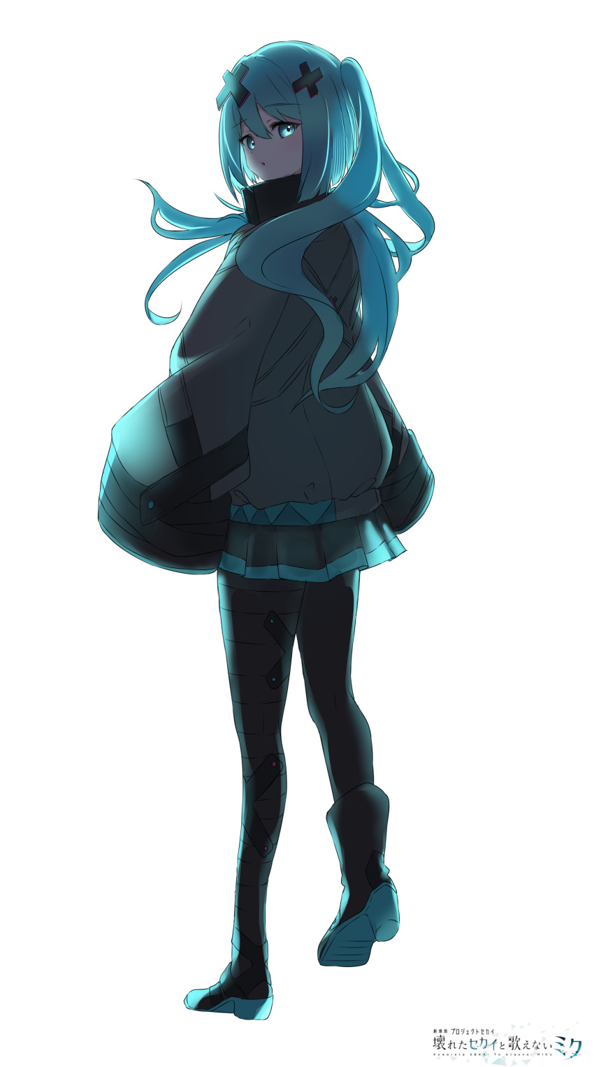 1girl absurdres aqua_eyes aqua_hair bandaid bandaid_on_leg batsu_miku black_boots black_pantyhose boots commentary full_body grey_jacket hair_between_eyes hair_ornament hatsune_miku highres jacket kowareta_sekai_to_utaenai_miku long_hair long_sleeves looking_at_viewer looking_back open_mouth pantyhose project_sekai simple_background sleeves_past_wrists solo sw0ng turtleneck turtleneck_jacket twintails very_long_hair vocaloid white_background wide_sleeves x_hair_ornament