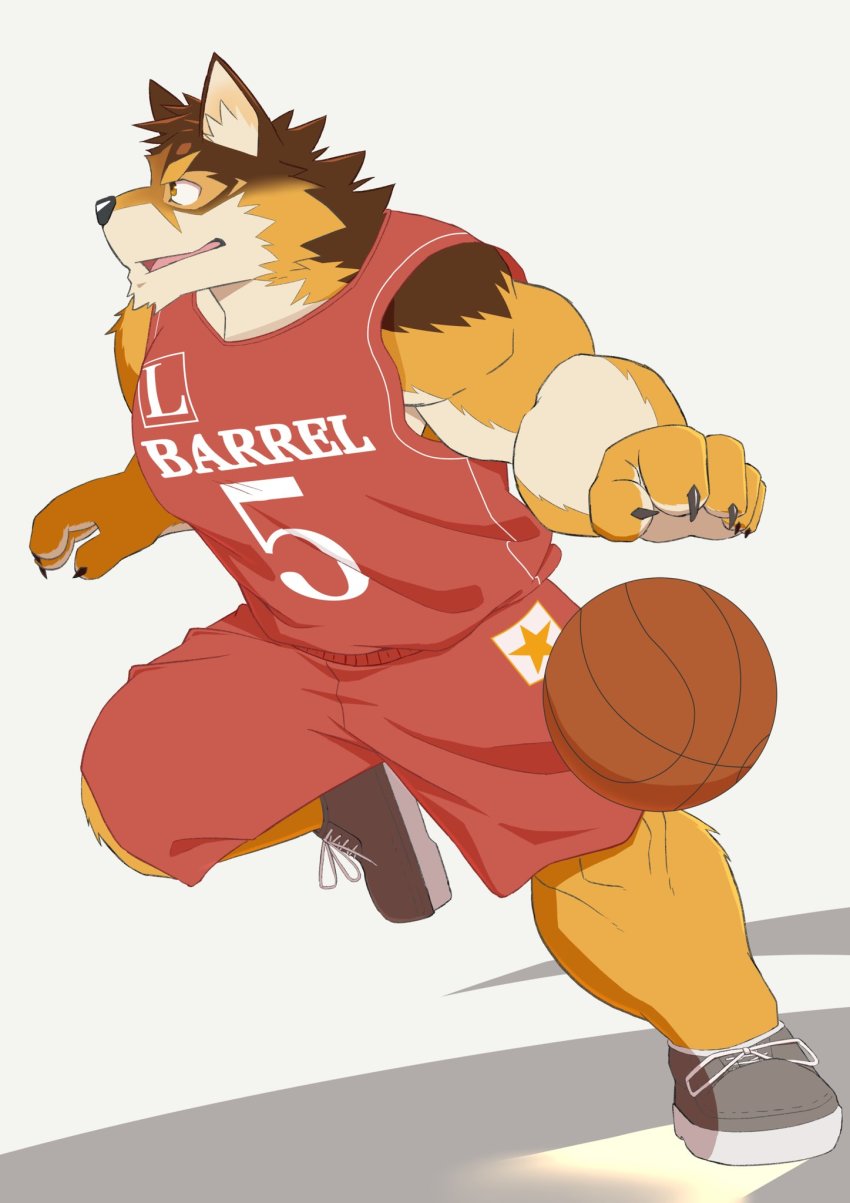 1boy animal_ear_fluff animal_ears ball bara bare_shoulders barrel_(live_a_hero) basketball basketball_(object) basketball_uniform beige_fur brown_fur dog_boy dog_ears dog_tail full_body furry furry_male guhze1820 highres live_a_hero looking_to_the_side male_focus muscular muscular_male navel orange_fur pectorals red_shirt red_shorts running shirt shorts sidepec sleeveless sleeveless_shirt smile solo sportswear tail