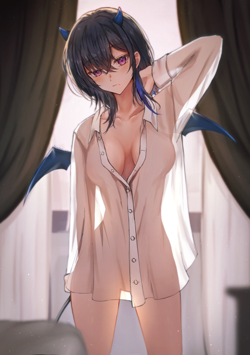 1girl absurdres arm_behind_head artist_name black_hair blue_hair blue_horns blue_wings blush bottomless breasts closed_mouth collarbone commentary_request cowboy_shot dated hair_between_eyes highres horns ichinose_uruha indoors large_breasts long_sleeves looking_at_viewer medium_hair multicolored_hair no_bra no_pants partially_unbuttoned purple_eyes shirt solo sowon_(sowonhae) standing tail two-tone_hair virtual_youtuber vspo! white_shirt wings