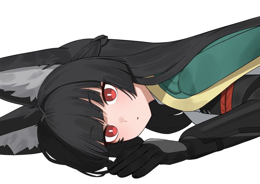 1girl animal_ear_fluff animal_ears black_gloves black_hair blunt_bangs commentary_request flasso fox_ears gloves highres hoshimi_miyabi long_hair long_sleeves looking_at_viewer parted_lips red_eyes sideways simple_background solo very_long_hair white_background zenless_zone_zero
