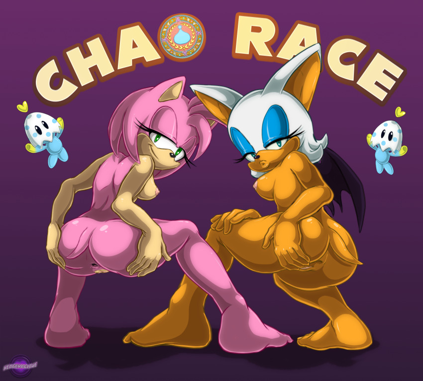 2girls amy_rose anus ass back barefoot breasts chao_(sonic) colored_skin completely_nude eyelashes eyeshadow feet female_focus furry gaping gaping_anus green_eyes half-closed_eyes hands_on_ass hedgehoglove highres large_breasts lips long_eyelashes looking_at_viewer looking_back makeup medium_breasts mooning multiple_girls nipples nude pink_hair pink_skin presenting presenting_anus purple_background pussy rouge_the_bat sega sex_toy signature smile sonic_(series) spread_anus tail toenails toes white_hair wings