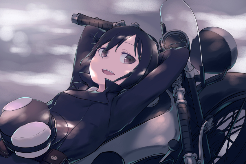 1girl absurdres arms_behind_head belt_pouch black_hair brown_eyes daisi_gi fur_hat hat hermes_(kino_no_tabi) highres kino_(kino_no_tabi) kino_no_tabi long_sleeves looking_at_viewer lying motor_vehicle motorcycle on_back open_mouth pouch short_hair smile teeth tomboy