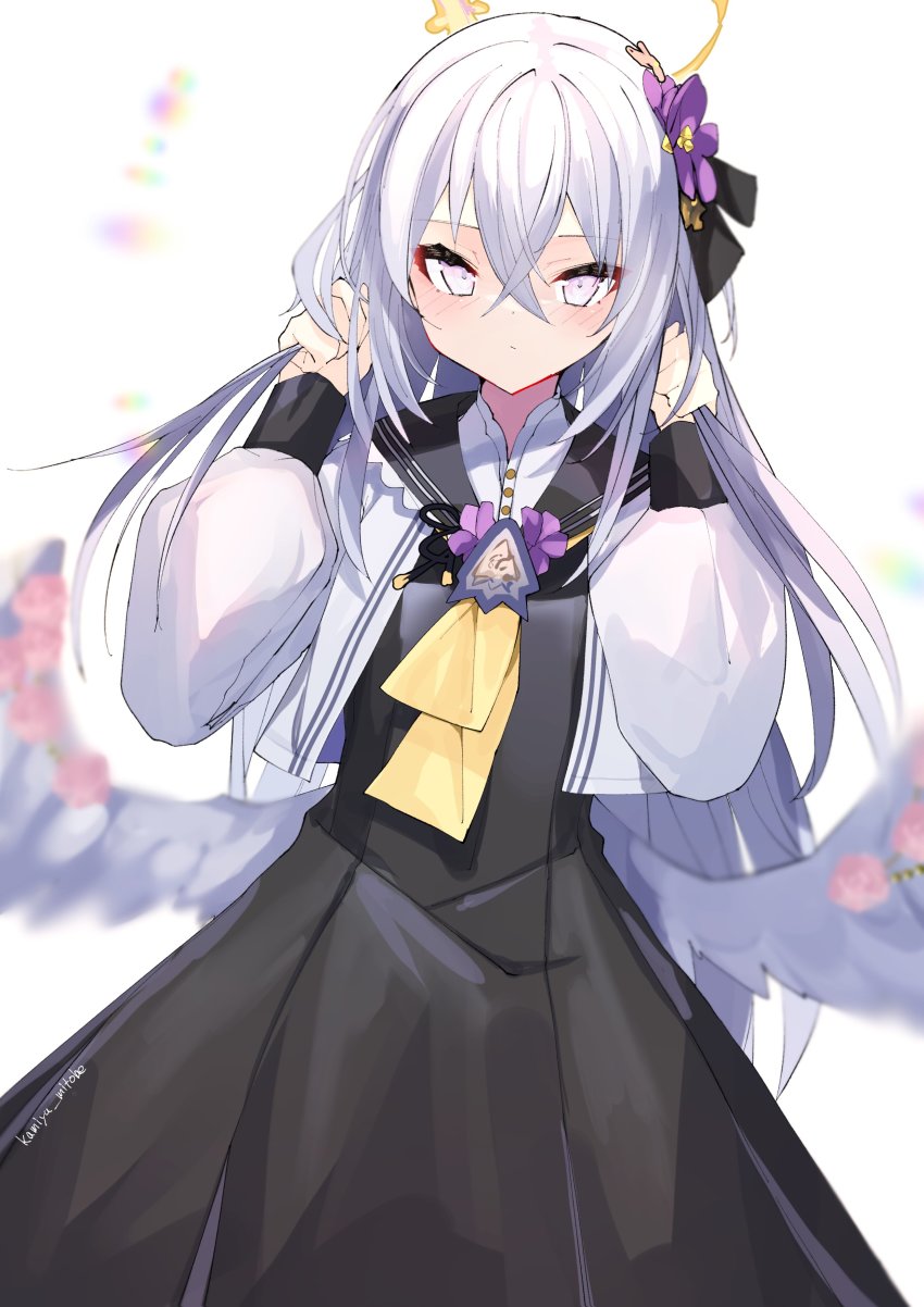 1girl absurdres angel_wings azusa_(blue_archive) black_dress black_sailor_collar blue_archive crossed_bangs dress feathered_wings flower hair_flower hair_ornament halo highres jacket kamiya_mitobe low_wings pink_eyes purple_flower sailor_collar white_hair white_jacket white_wings wings