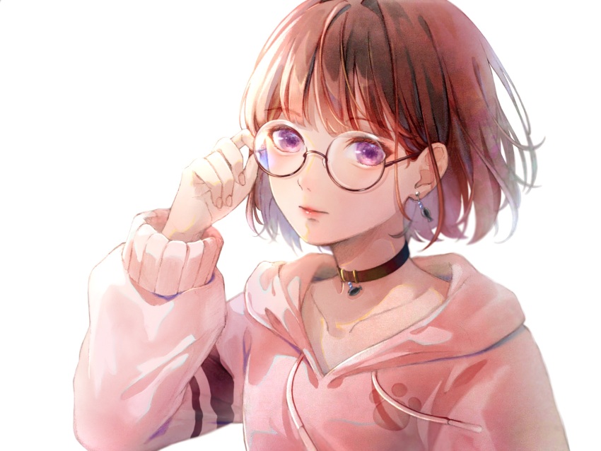 1girl adjusting_eyewear bob_cut character_request choker closed_mouth collarbone drawstring earrings fish_earrings fish_pendant glasses hand_on_eyewear hand_up highres hood hood_down hoodie indie_virtual_youtuber jewelry light_smile lipstick long_sleeves looking_at_viewer makeup making-of_available paw_print pendant pink_hoodie purple_eyes red_hair round_eyewear short_hair simple_background solo upper_body virtual_youtuber white_background yuzu_collar