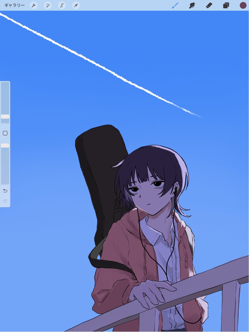 1girl art_program_in_frame black_eyes blue_sky closed_mouth collared_shirt commentary contrail dress_shirt earphones fujii_ayame futsuu_no_keion-bu guitar_case hand_in_pocket hand_on_railing highres hood hooded_jacket instrument_case instrument_case_on_back instrument_on_back jacket kusakabe_(kskb_e) long_sleeves open_clothes open_jacket outdoors pink_jacket procreate_(software) purple_hair railing sanpaku shirt sky solo upper_body white_shirt wolf_cut