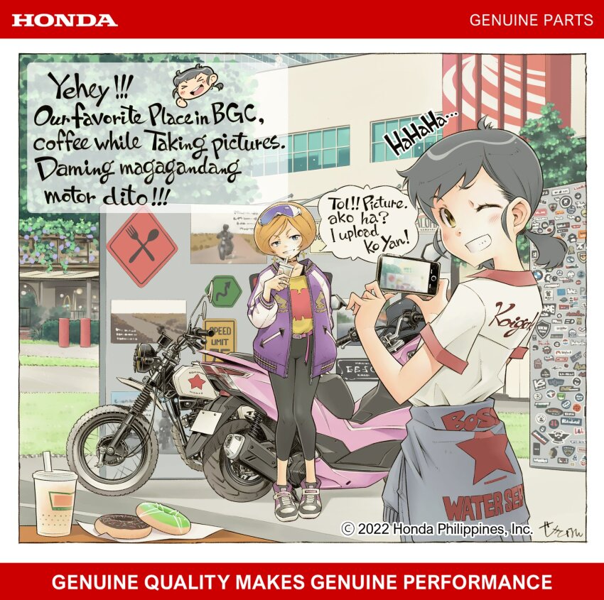2girls :d ad anji_(genie&#039;s_motorcycle_life) black_pants blue_eyes cellphone collared_shirt copyright_notice cross cross_earrings cup donut earrings food genie&#039;s_motorcycle_life genie_(genie&#039;s_motorcycle_life) goggles goggles_on_head grey_hair grin highres holding holding_phone honda honda_pcx150 iphone jacket jewelry jumpsuit jumpsuit_around_waist krispy_kreme looking_at_viewer low_twintails mixed-language_text motor_vehicle motorcycle multiple_girls official_art one_eye_closed open_clothes open_jacket open_mouth orange_hair outdoors pants philippines phone print_jumpsuit print_shirt purple_jacket real_world_location scooter sekihan shirt shirt_tucked_in shoes short_hair smartphone smile sneakers speech_bubble tagalog_text translated twintails white_shirt yellow_eyes yellow_shirt