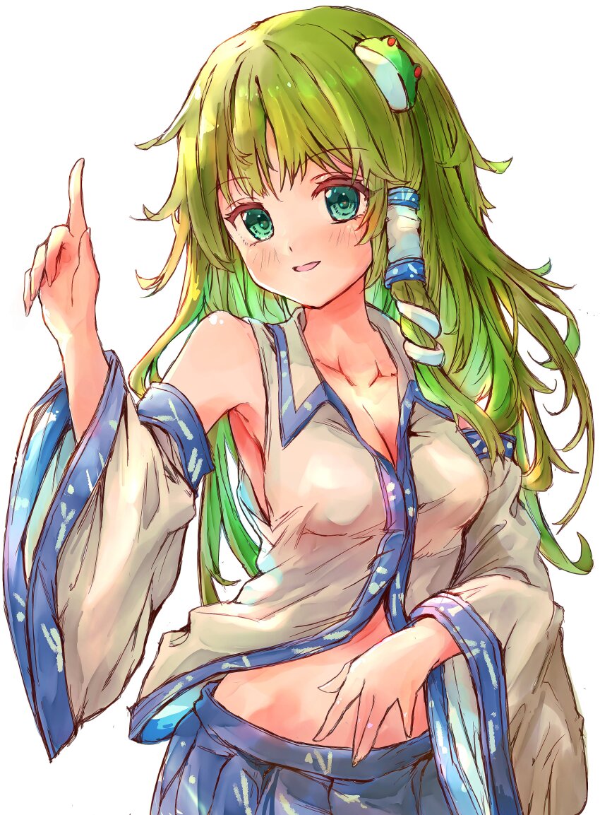 1girl absurdres armpits bare_shoulders blue_skirt breasts cleavage collarbone collared_shirt detached_sleeves dot_nose frog_hair_ornament green_eyes green_hair hair_ornament hair_tubes highres ikazuchi_akira index_finger_raised kochiya_sanae light_blush long_hair long_sleeves looking_at_viewer medium_breasts midriff open_mouth patterned_clothing pointing pointing_up print_skirt shirt simple_background single_hair_tube single_sidelock skirt skirt_set sleeveless sleeveless_shirt snake_hair_ornament solo touhou upper_body white_background wide_sleeves wing_collar